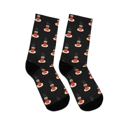 Black Socks with Tea Icons –  جوراب مشکی با طرح استکان چای و نعلبکی