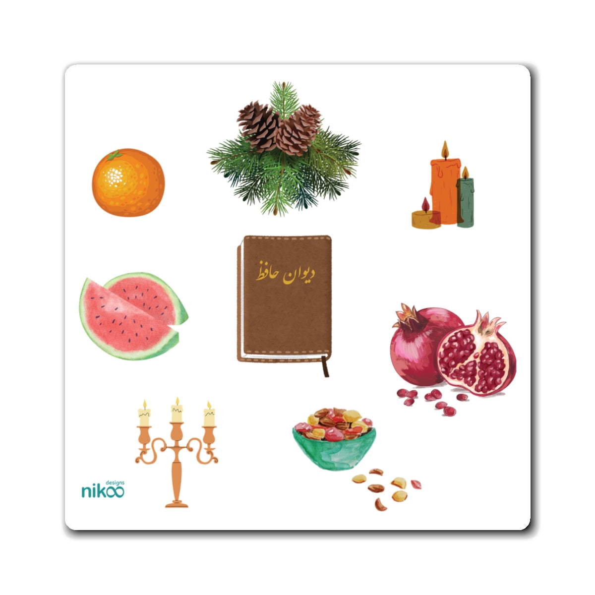 Kitchen Fridge Magnet Celebrating Yalda Night with Traditional Iranian Symbols – مگنت یخچال با طرح ویژه شب یلدا و نمادهای ایرانی