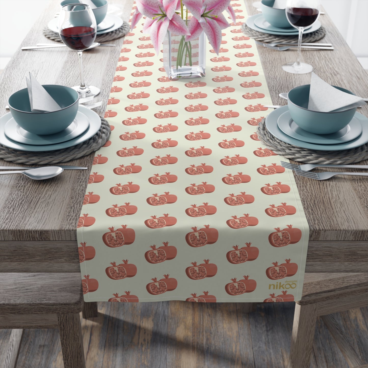 Cotton Table Runner with Pomegranate Icons – رانر میز نخ پنبه با طرح انار