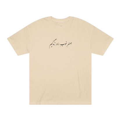 Men’s Cotton T-Shirt with Farsi Text "A Good Companion on My Life’s Journey" – تی‌شرت مردانه نخ پنبه با رنگ‌بندی با متن فارسی  همسفر خوب راه زندگیم