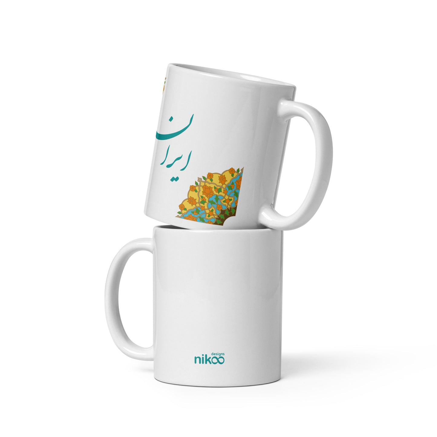 White glossy mug with Tazheeb and poem: لیوان ماگ سفید ایران با تذهیب